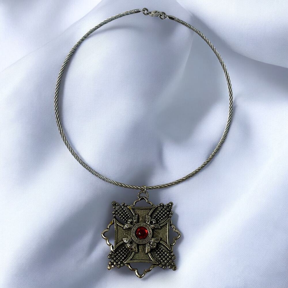 Chunky Silver Toned Maltese Cross Pendant Necklace